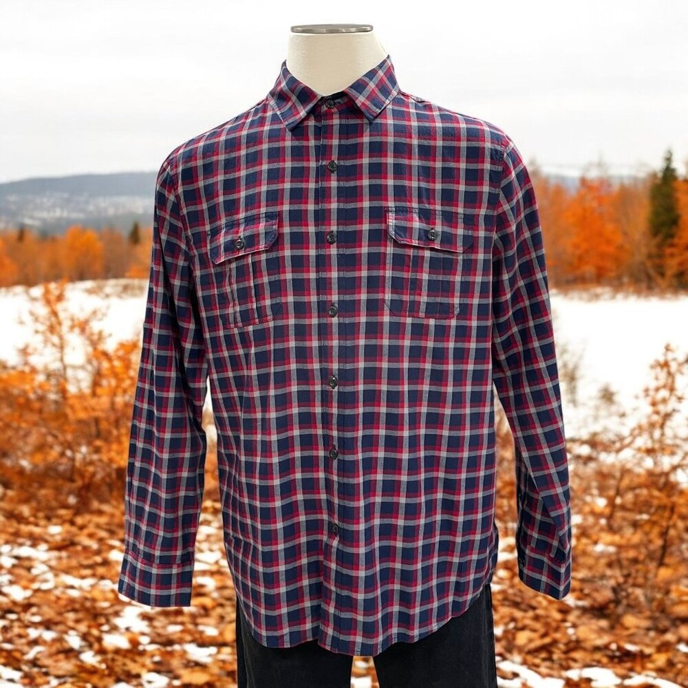 Alesbury Plaid Button-Up Shirt L Long‎ Sleeve Navy Red Rugged Country